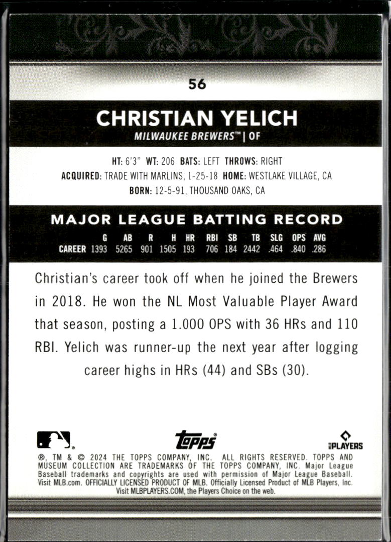 Christian Yelich 2024 Topps Museum Collection Blue 148/150 Milwaukee Brewers