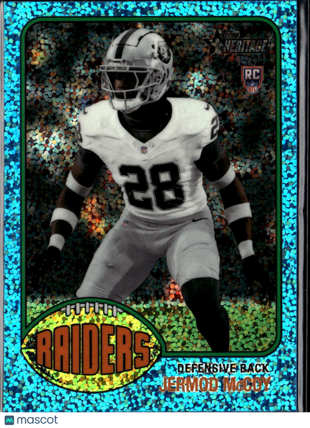 Jermod McCoy 2026 Topps Heritage Blue Sprakle RC Las Vegas Raiders
