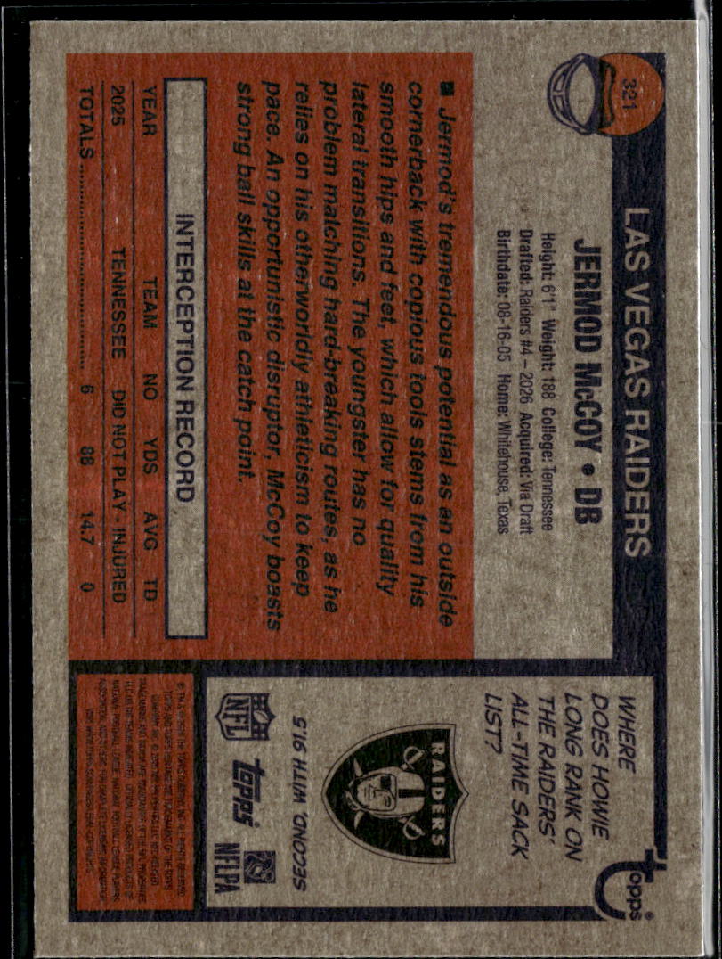 Jermod McCoy 2026 Topps Heritage Blue Sprakle RC Las Vegas Raiders