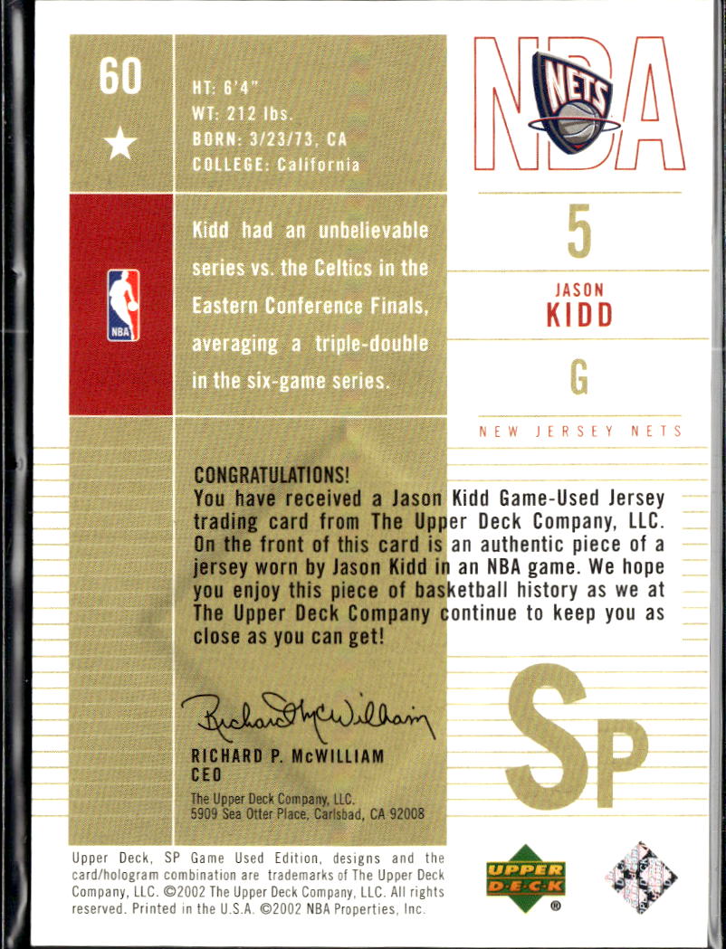 Jason Kidd 2002 SP Game Worn Jersey Patch New Jersey Nets