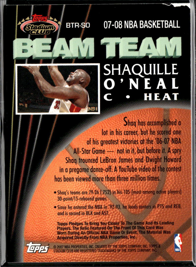 Shaquille O'Neal 2007 Topps Stadium Club Beam Team Game Worn Patch Miami Heat