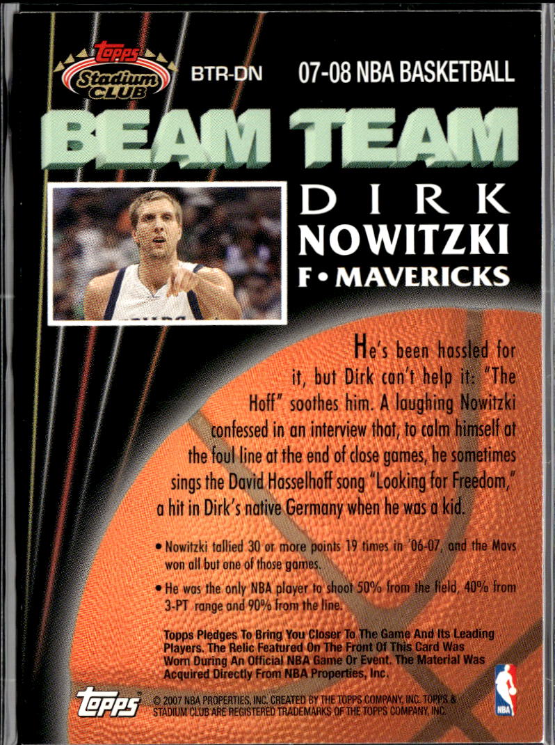 Dirk Nowitzki 2007 Topps Stadium Club Beam Team Game Worn Patch Dallas Mavericks