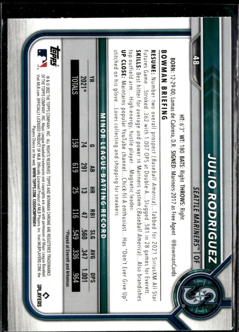 Julio Rodriguez 2022 Bowman Chrome Rookie RC Seattle Mariners