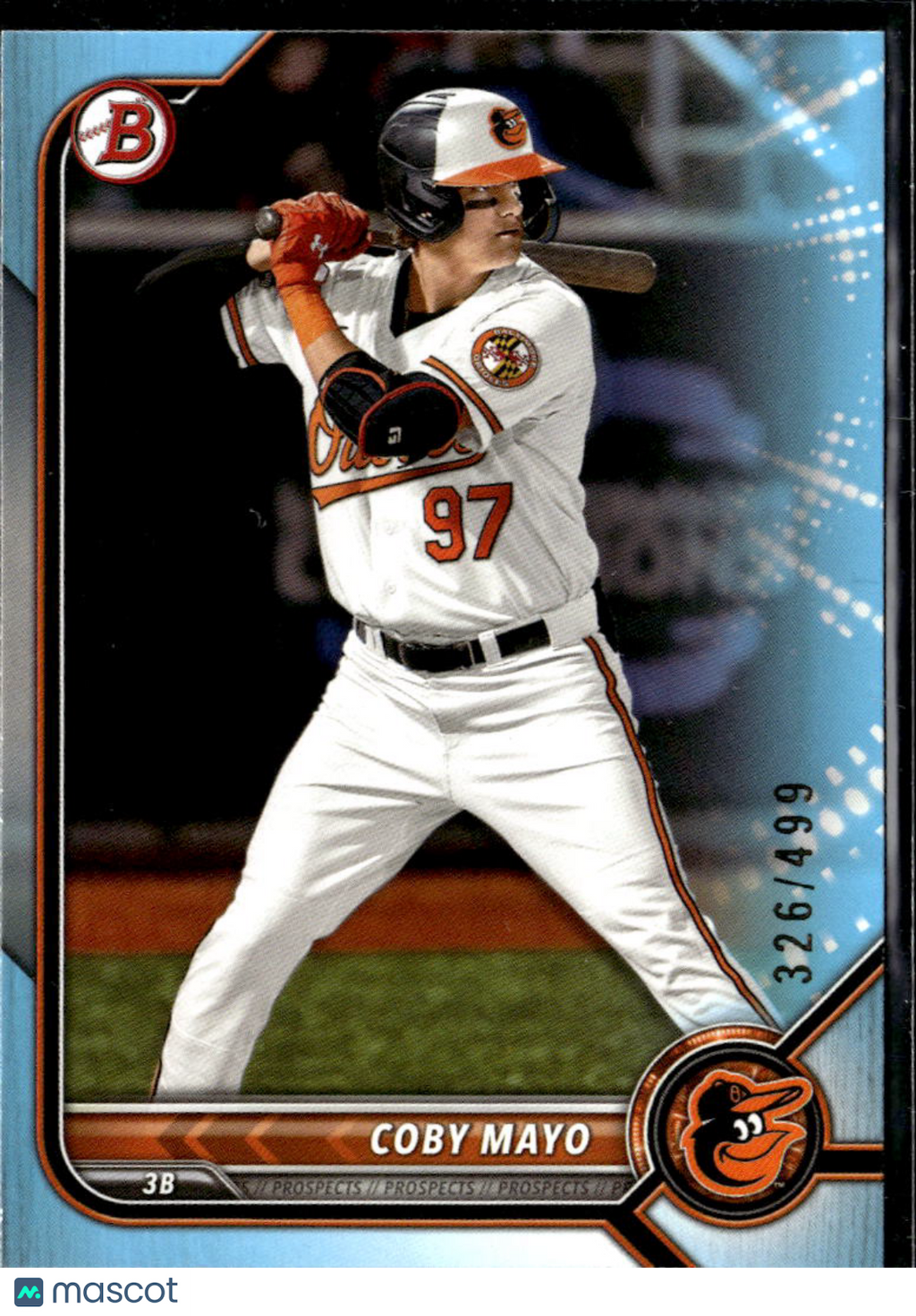 Coby Mayo 2022 Bowman Draft Sky Blue /499 Baltimore Orioles