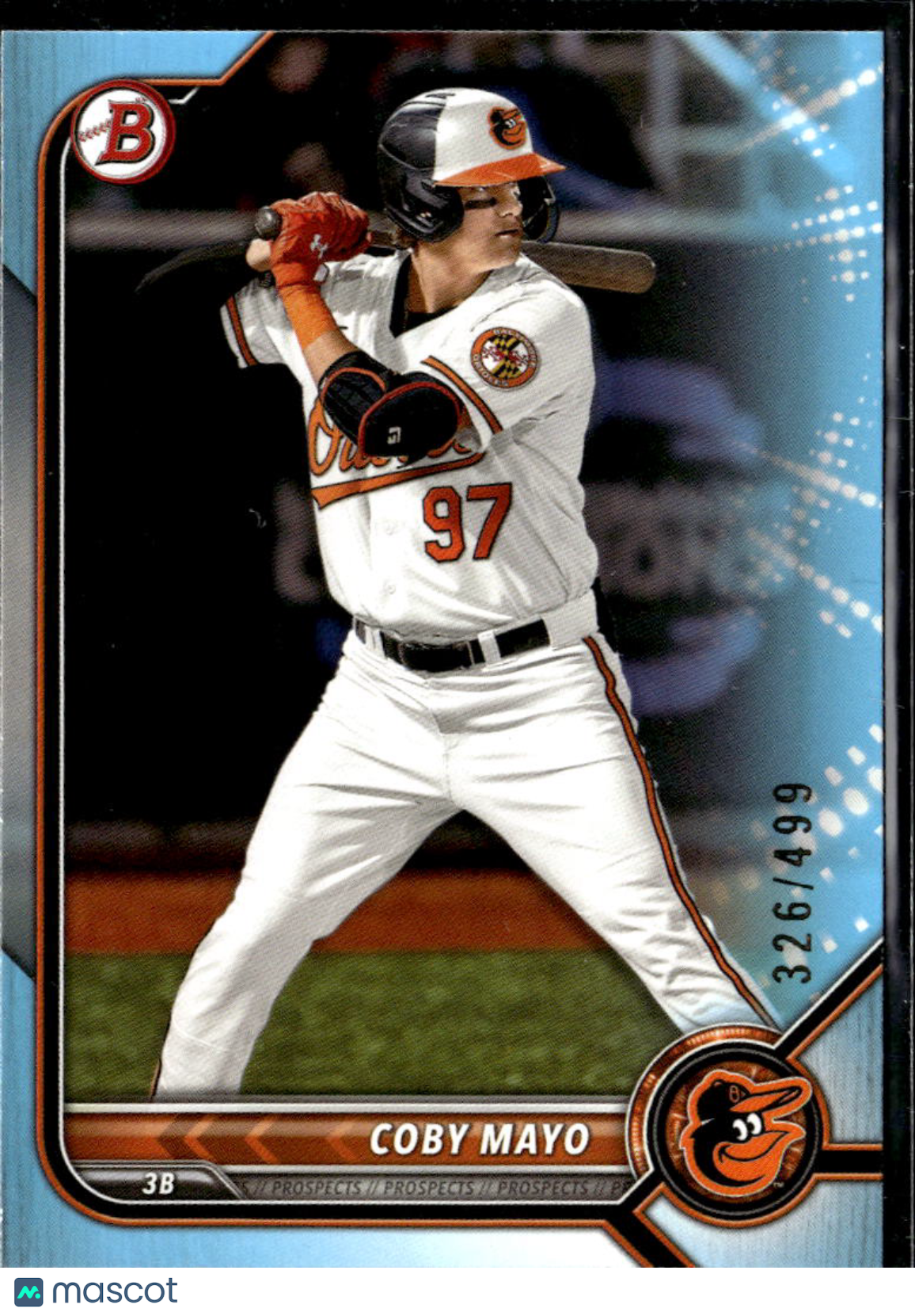 Coby Mayo 2022 Bowman Draft Sky Blue /499 Baltimore Orioles