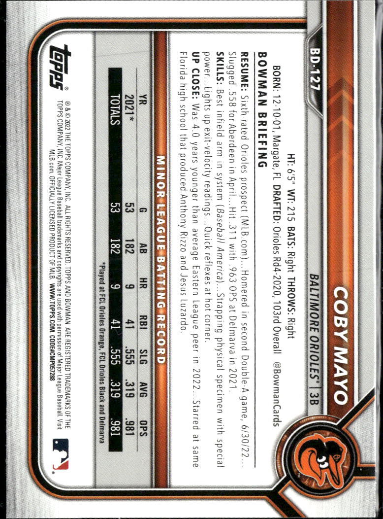 Coby Mayo 2022 Bowman Draft Sky Blue /499 Baltimore Orioles