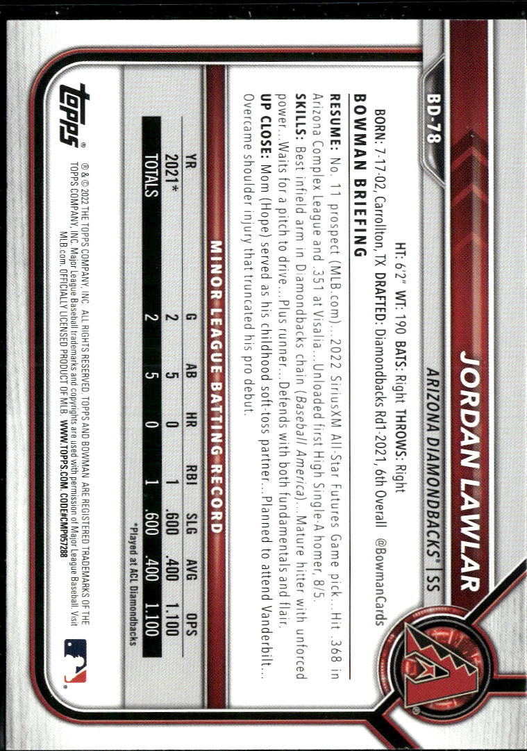 Jordan Lawlar 2022 Bowman Draft Sky Blue /499 Arizona Diamondbacks