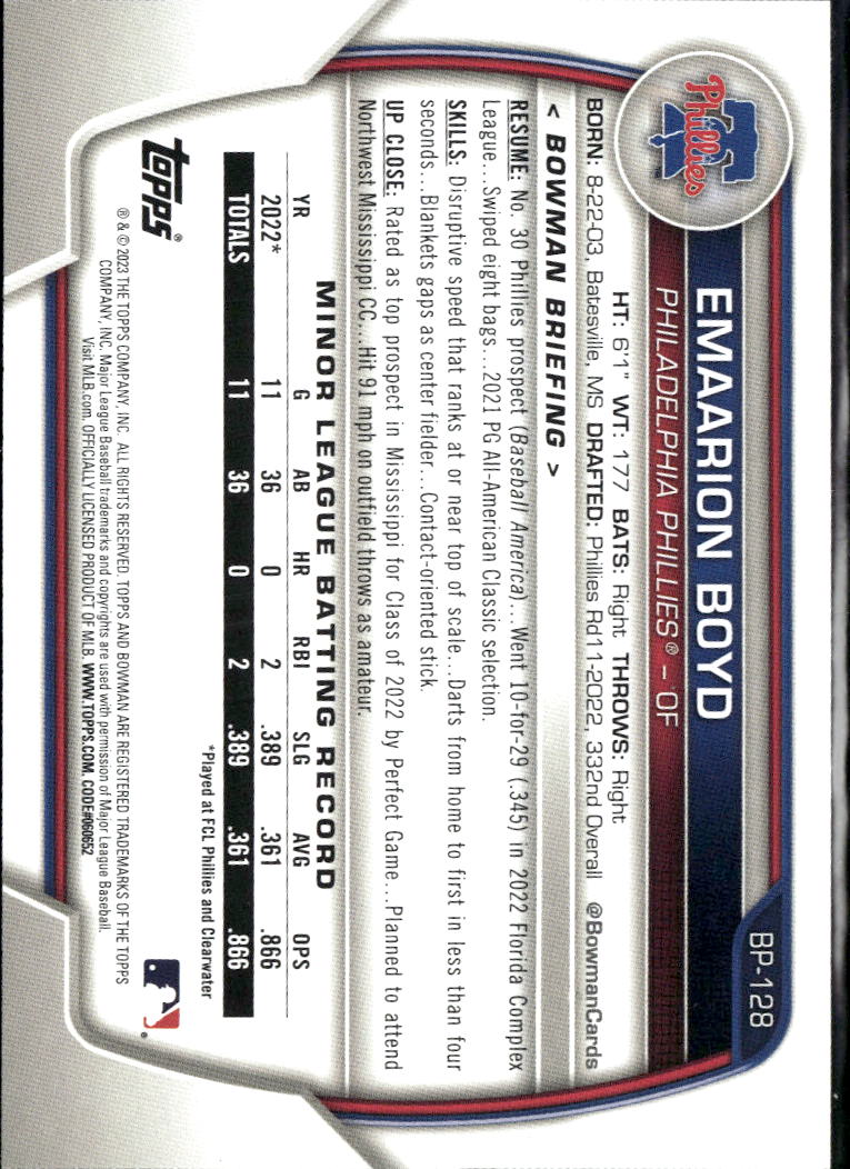 Emaarion Boyd 2023 Bowman 1st Purple /250 Philadelphia Phillies