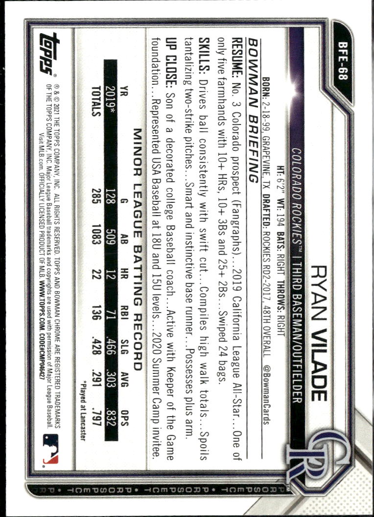 Ryan Vilade 2021 Bowman 1st Edition Blue /150 Colorado Rockies