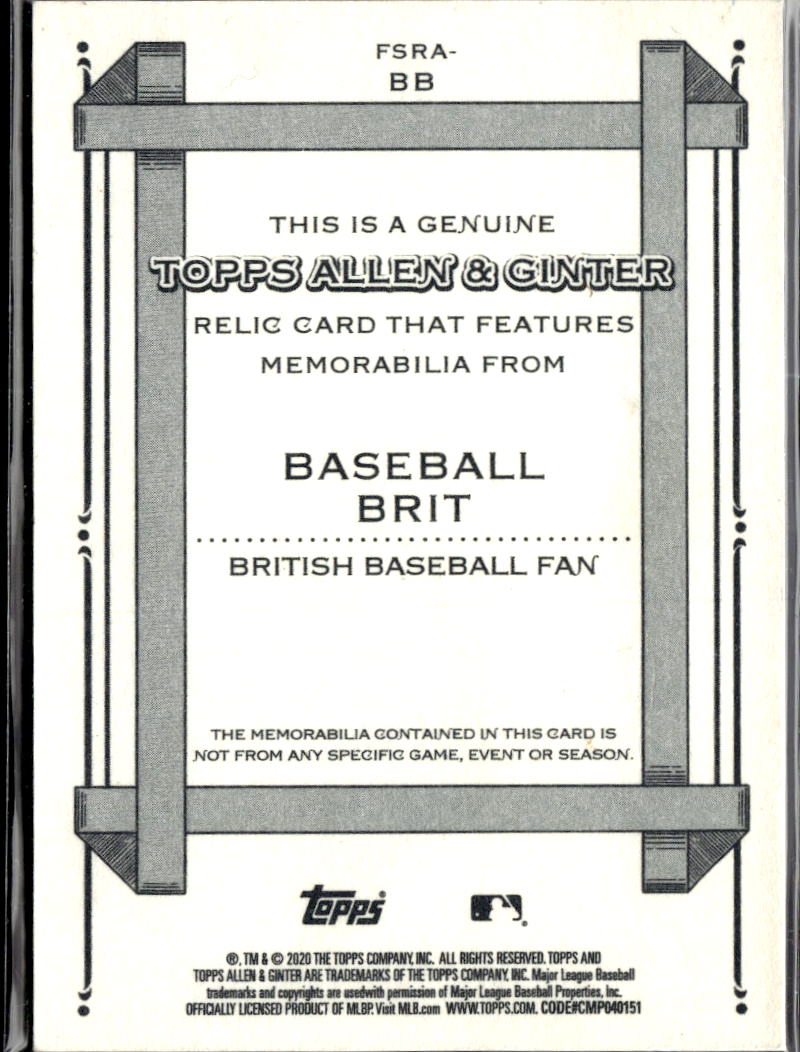 Baseball Brit Joey Mellows 2020 Topps Allen & Ginter Relic Patch