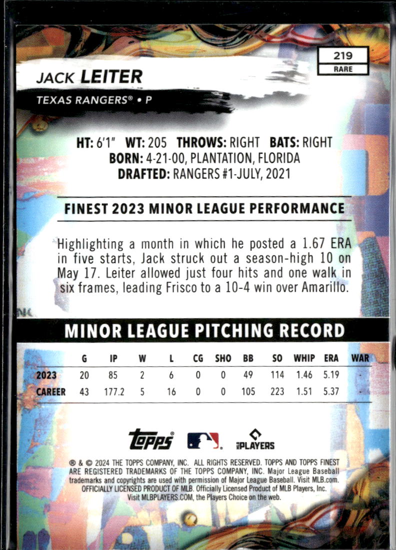 Jack Leiter 2024 Topps Finest RARE Blue Refractor RC Rookie 39/99 Texas Rangers
