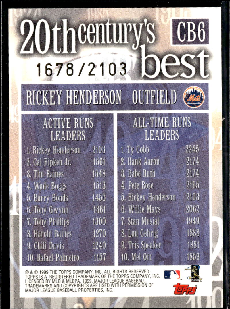 Rickey Henderson 1999 Topps 20th Century's Best 1678/2103 New York Mets