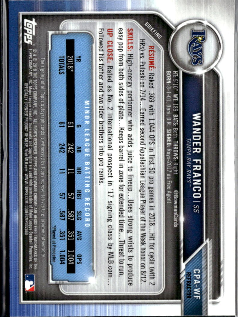 Wander Franco 2019 Bowman Chrome 1st Auto Autograph 98/499 Tampa Bay Rays