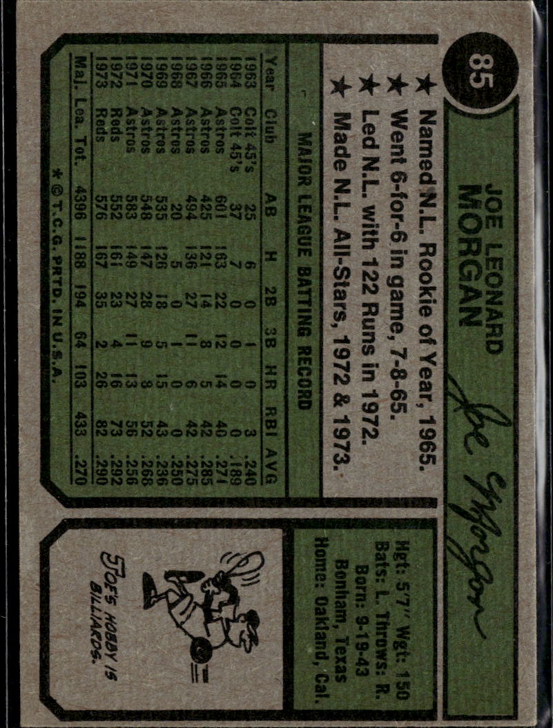 Joe Morgan 1974 Topps Card #85 Cincinnati Reds