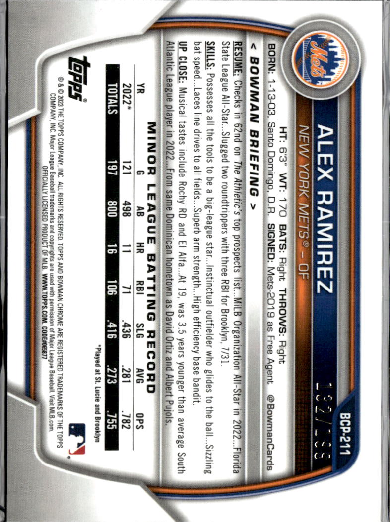 Alex Ramirez 2023 Bowman Chrome Fuchsia /199 New York Mets