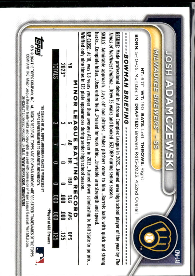 Josh Adamczewski 2024 Bowman Chrome 1st Auto Autograph 56/99 Milwaukee Brewers
