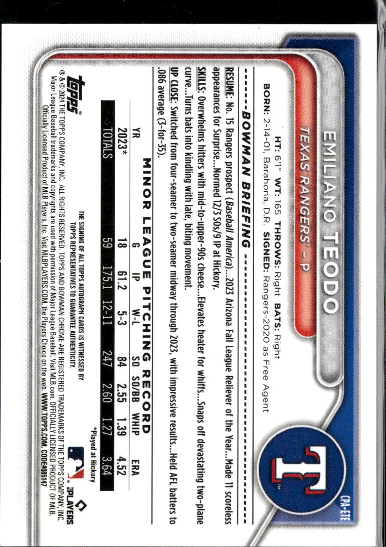 Emiliano Teodo 2024 Bowman Chrome 1st Auto Autograph 164/250 Texas Rangers