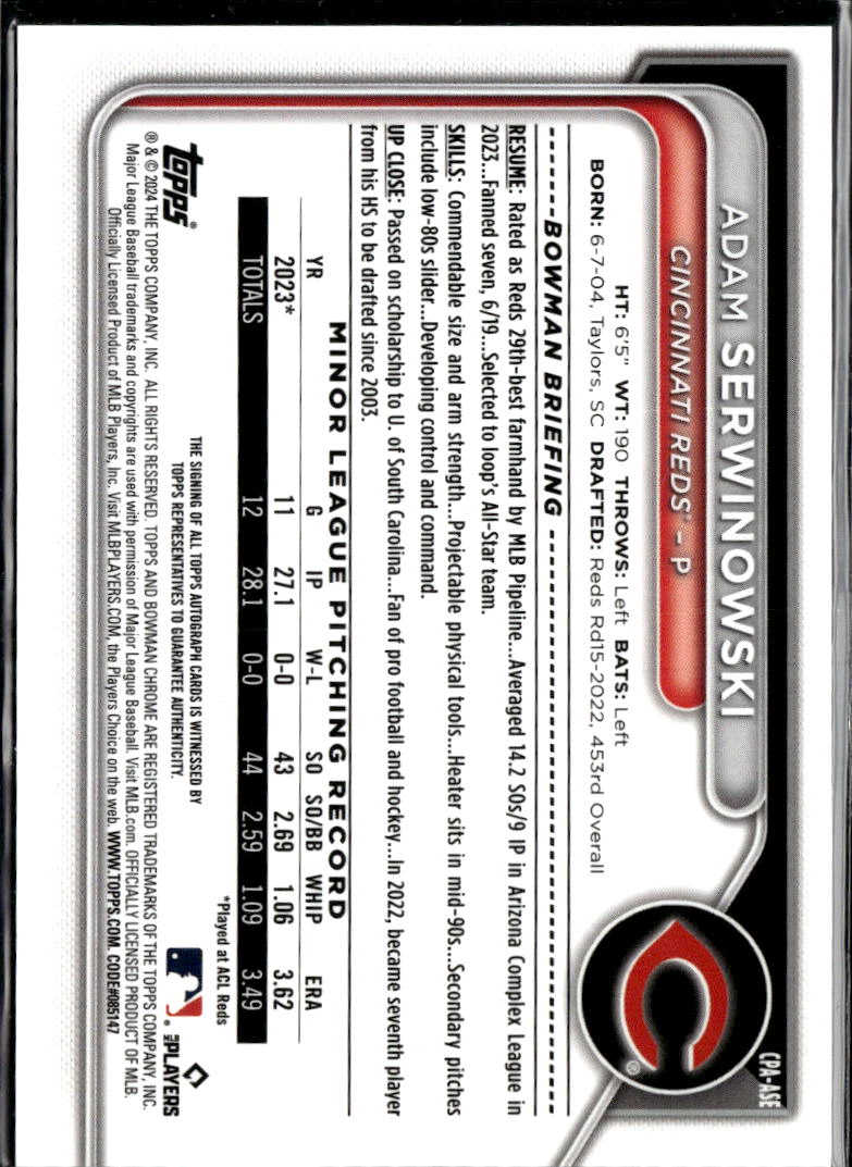 Adam Serwinowski 2024 Bowman Chrome 1st Auto Autograph /150 Cincinnati Reds