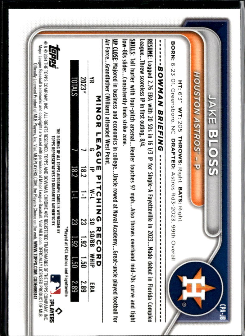 Jake Bloss 2024 Bowman Chrome 1st Auto Autograph /150 Houston Astros