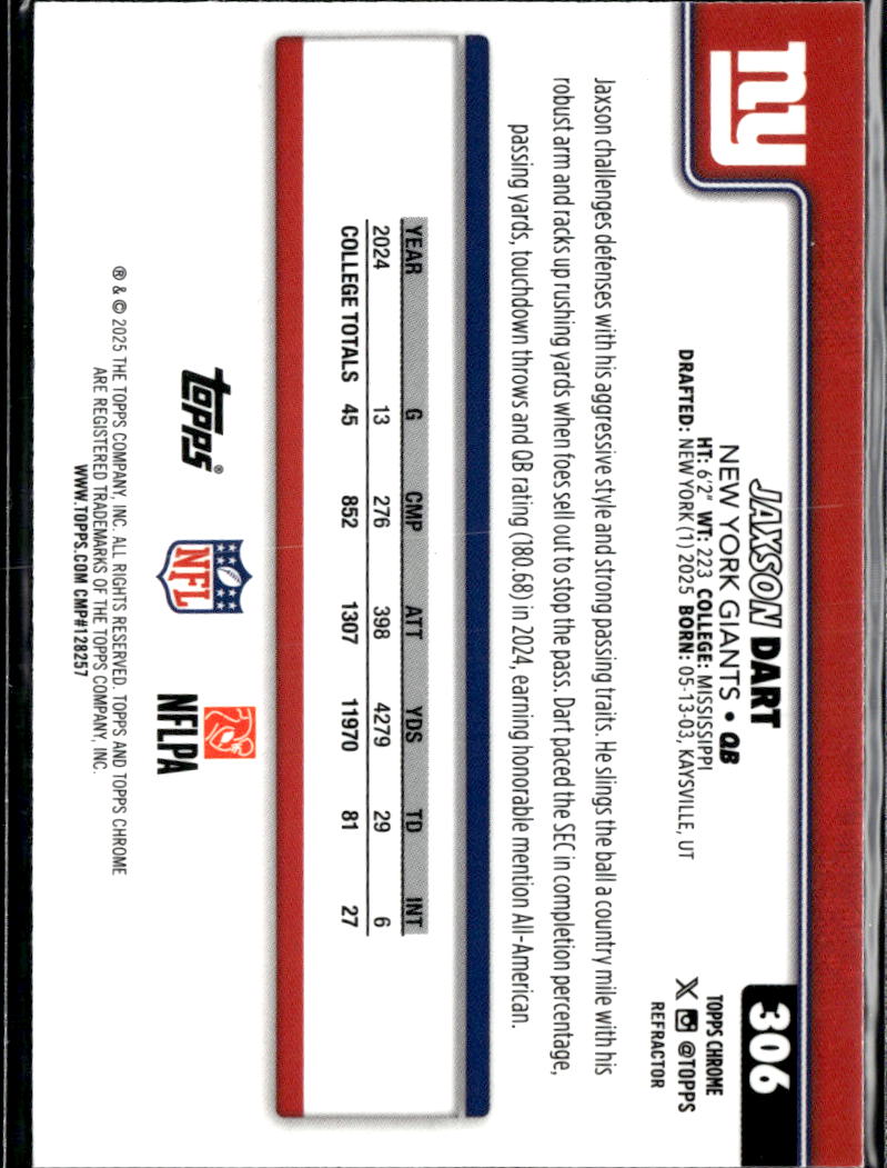 Jaxson Dart 2025 Topps Chrome RC Rookie Refractor New York Giants