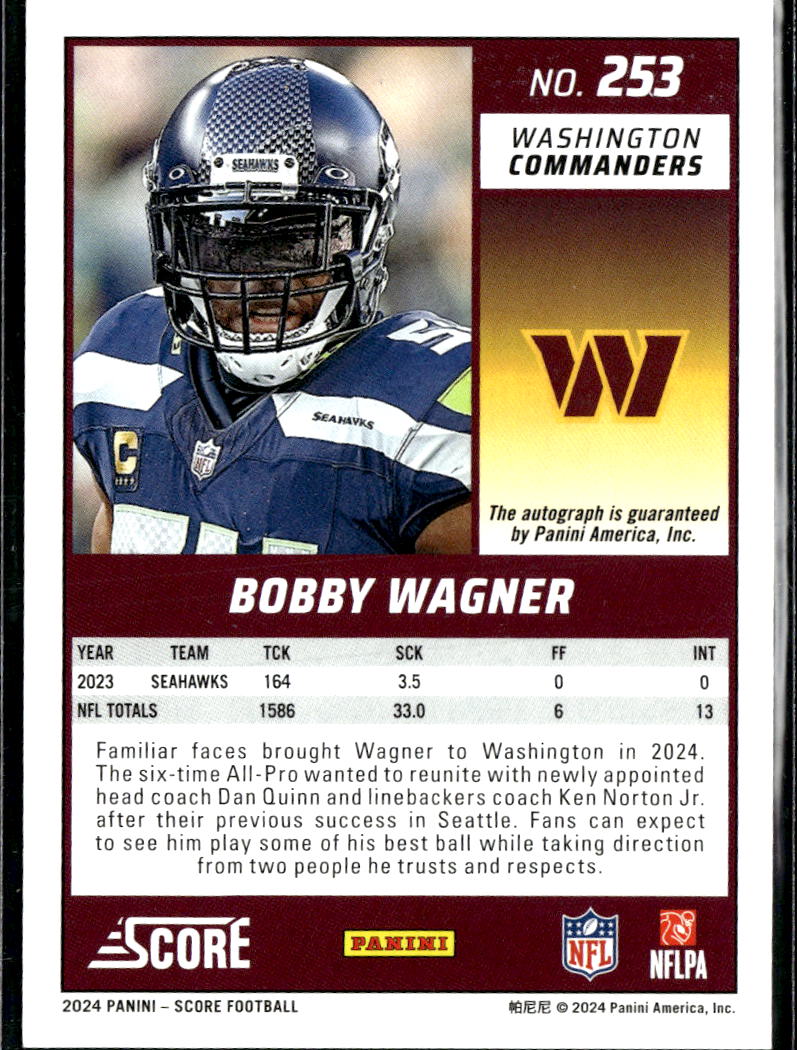 Bobby Wagner 2024 Score Auto Autograph GOLD 1/50 Seattle Seahawks Commanders