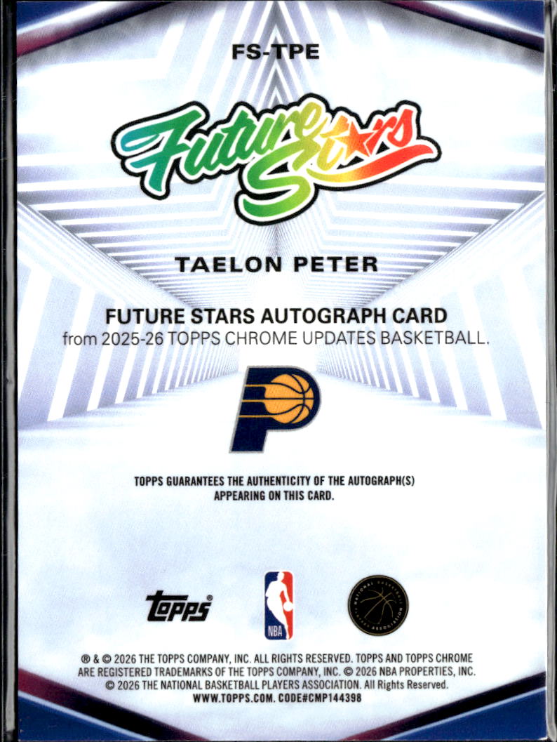 Taelon Peter 2026 Topps Chrome Auto Autograph Black RC 10/10 Indiana Pacers
