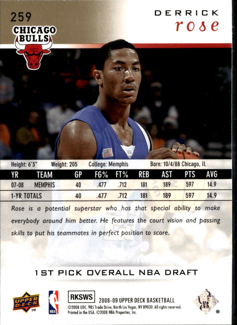 Derrick Rose 2008-09 Upper Deck Rookie RC Electric Court Chicago Bulls