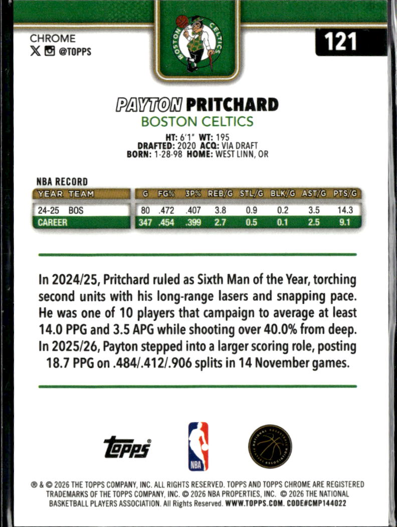 Payton Pritchard 2025-26 Topps Chrome Update RED Refractor 1/5 Boston Celtics