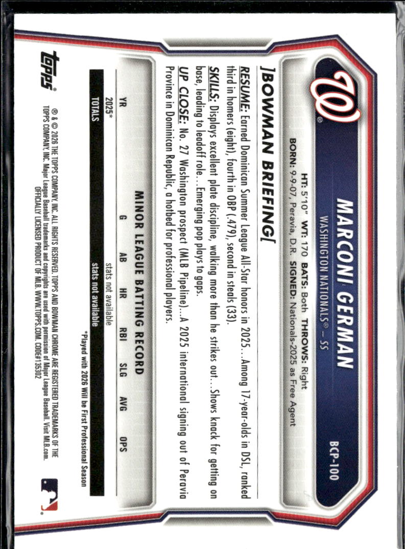 Marconi German 2026 Bowman Chrome 1st Yellow Wave 42/75 Washington Nationals