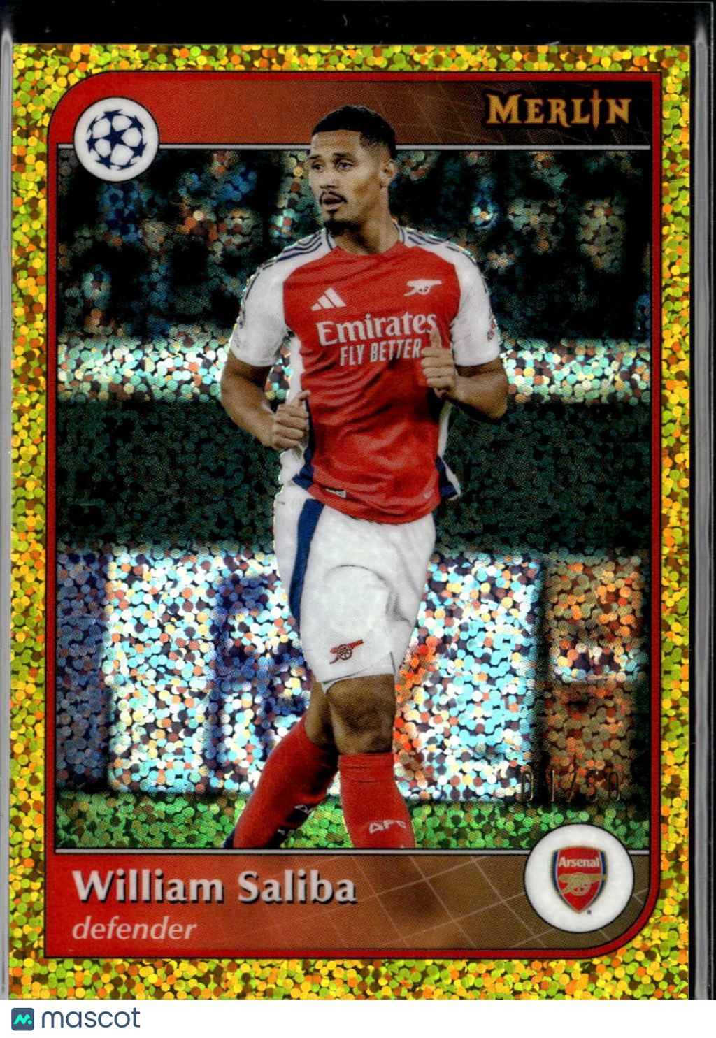 William Saliba 2025 Topps Merlin UEFA Gold Refractor /50 Arsenal Arsenal FC