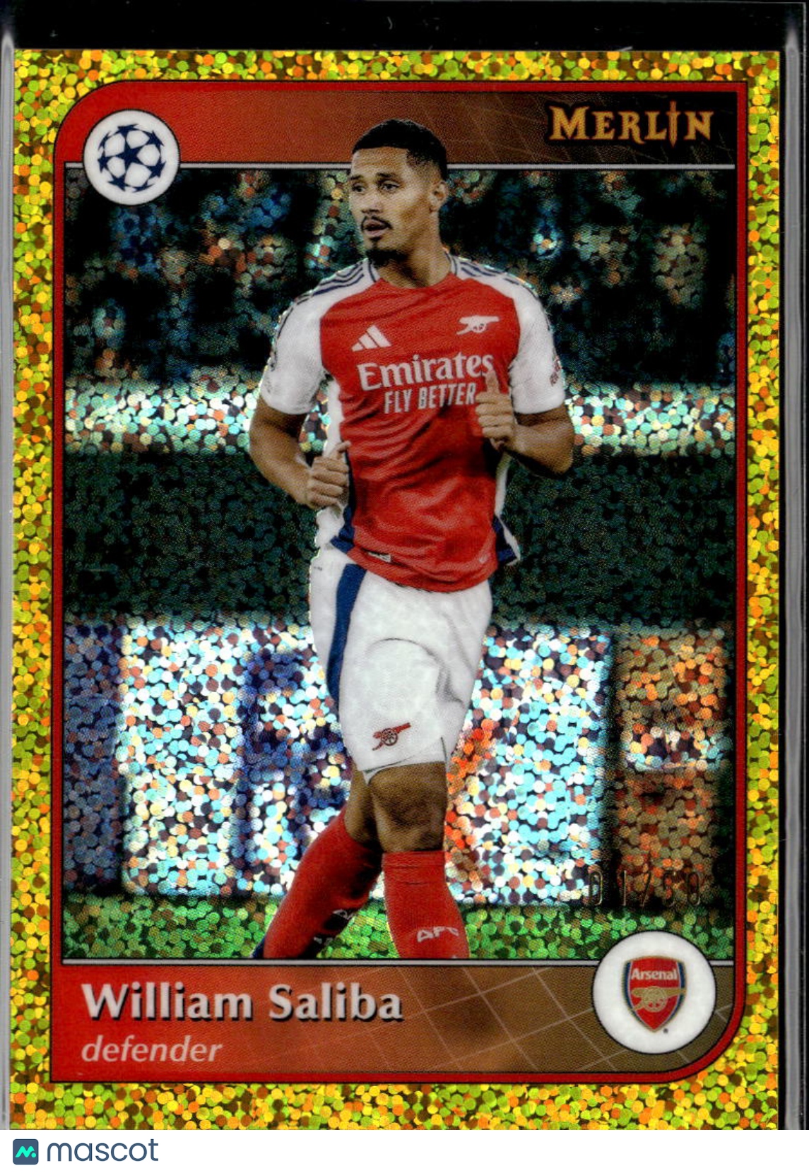 William Saliba 2025 Topps Merlin UEFA Gold Refractor /50 Arsenal Arsenal FC