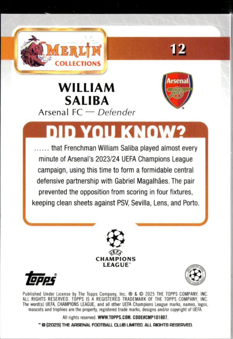 William Saliba 2025 Topps Merlin UEFA Gold Refractor /50 Arsenal Arsenal FC