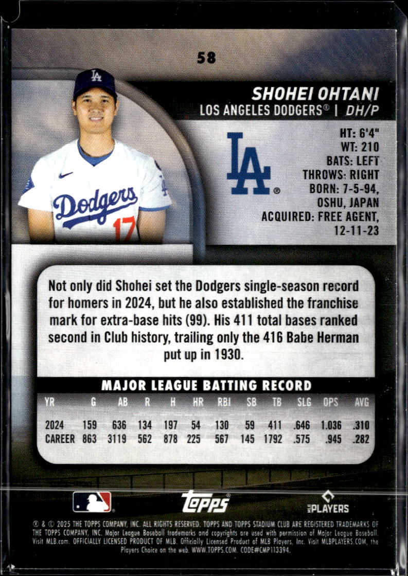 Shohei Ohtani 2025 Topps Stadium Club #58 Los Angeles Dodgers