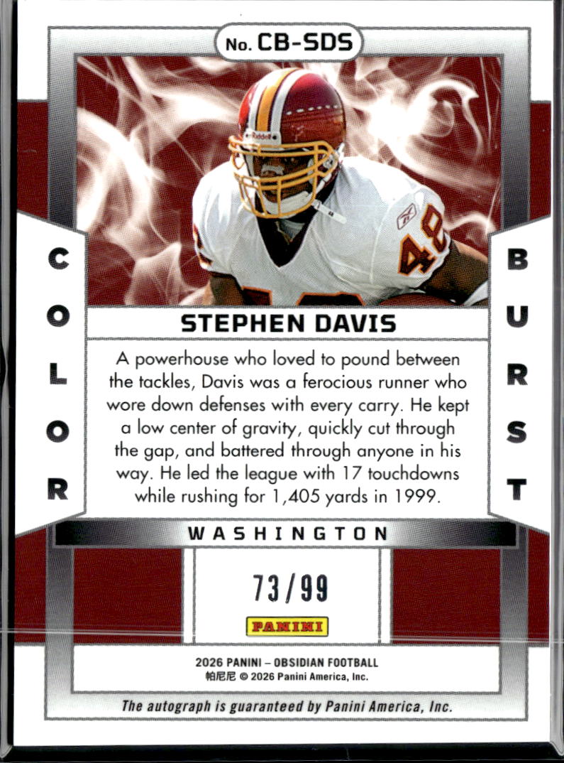 Stephen Davis 2026 Panini Obsidian Auto Autograph Red 73/99 Washington Redskins