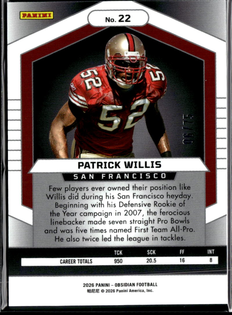 Patrick Willis 2026 Obsidian Electric Etch Blue 6/75 San Francisco 49ers