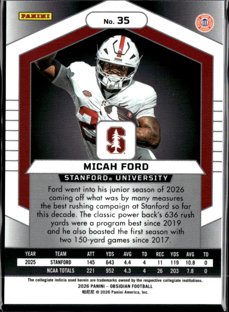 Micah Ford 2026 Obsidian Rookie Card RC Stanford Cardinal