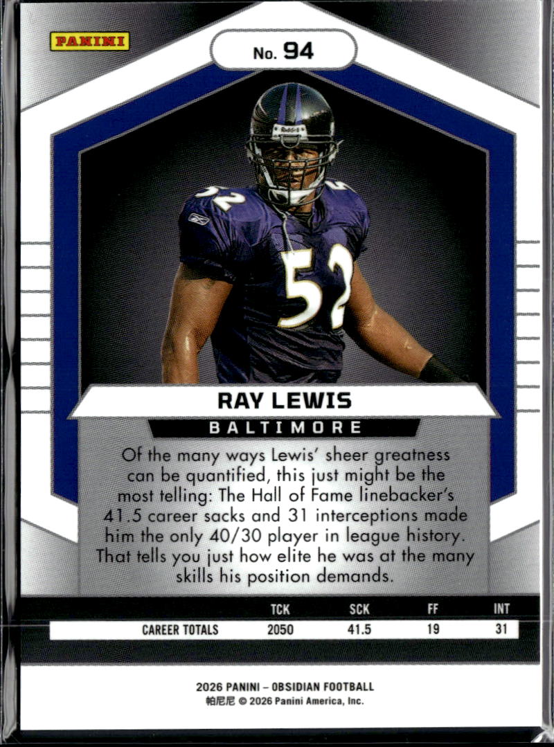Ray Lewis 2026 Panini Obsidian Card Baltimore Ravens