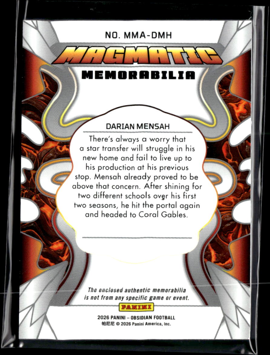 Darian Mensah 2026 Obsidian Jersey Patch RC Miami Hurricanes