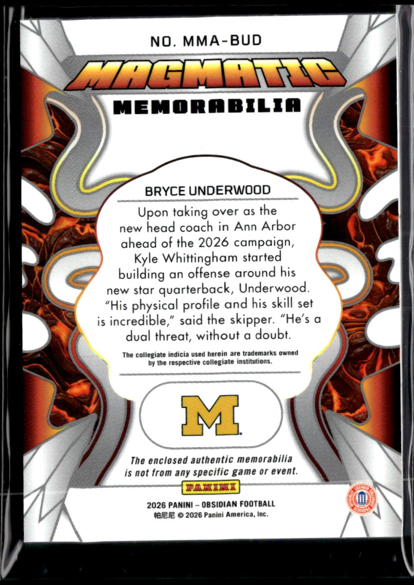 Bryce Underwood 2026 Obsidian Jersey Patch RC Michigan Wolverines