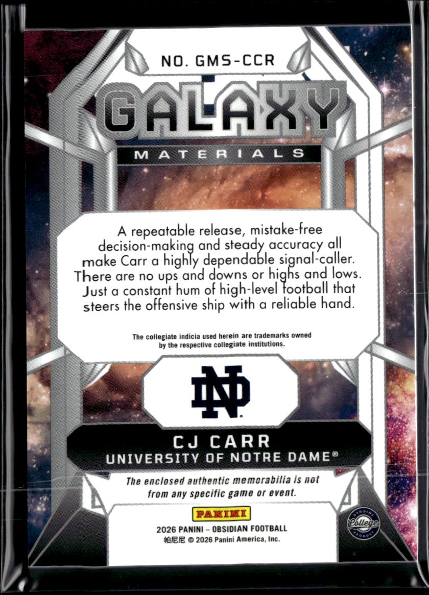 CJ Carr 2026 Obsidian Jersey Patch RC Notre Dame Fighting Irish