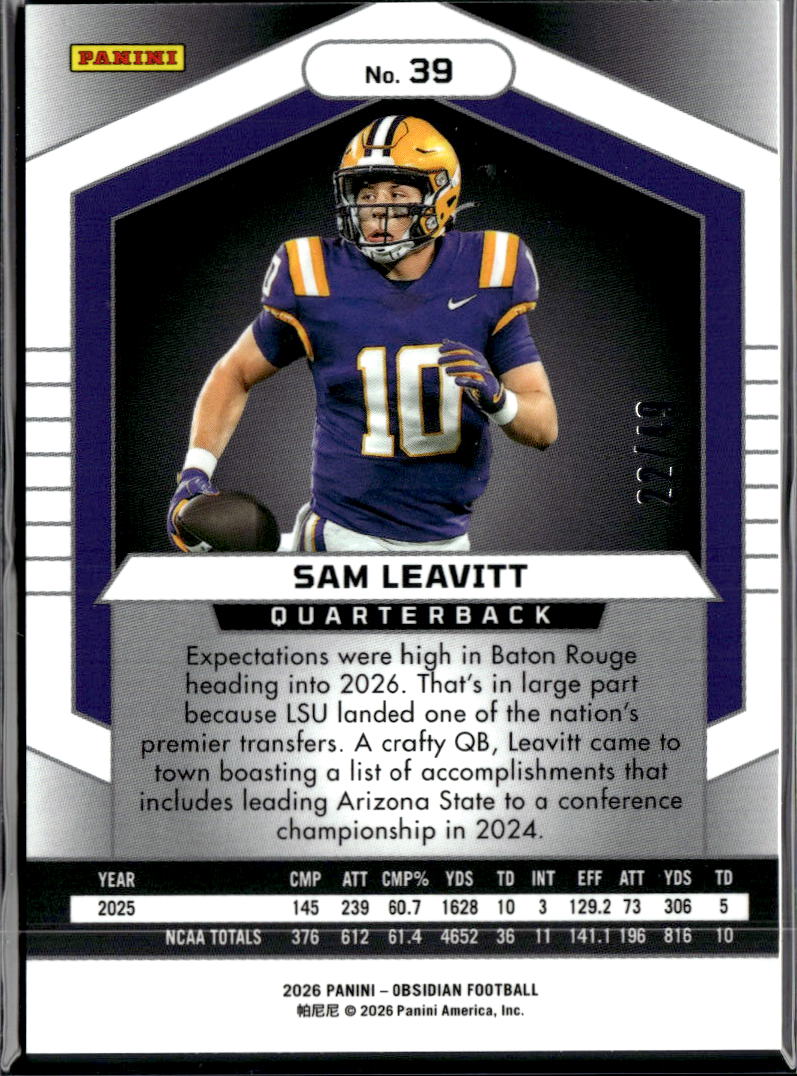 Sam Leavitt 2026 Obsidian Rookie RC Green 22/49 LSU Tigers