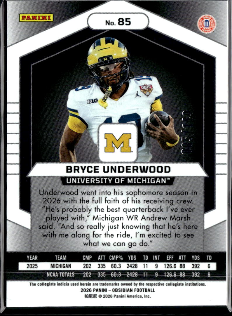 Bryce Underwood 2026 Obsidian Red Rookie RC 39/49 Michigan Wolverines