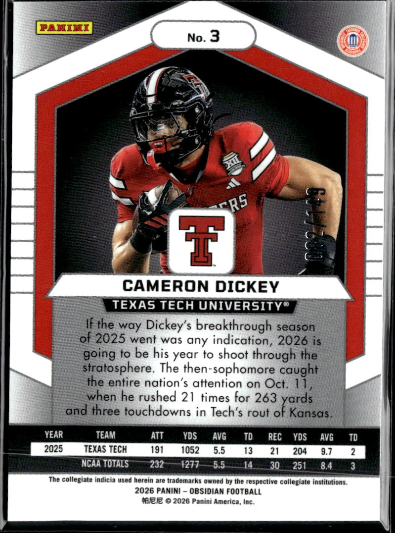 Cameron Dickey 2026 Obsidian Red Flood 82/149 Texas Tech Red Raiders