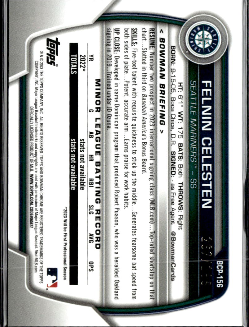 Felnin Celesten 2023 Bowman Chrome 1st Speckle Refractor /299 Seattle Mariners