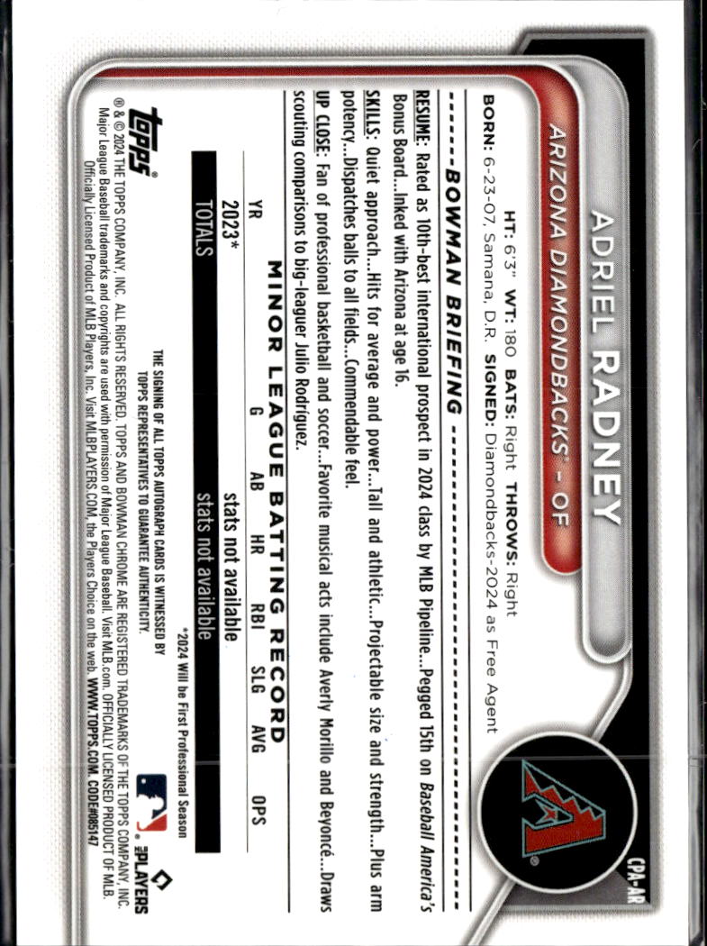 Adriel Radney 2024 Bowman Chrome 1st Auto Autograph Arizona Diamondbacks