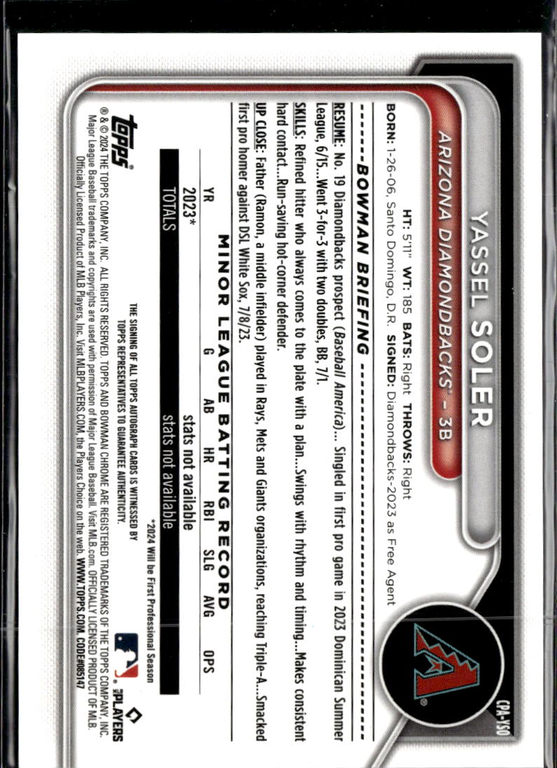 Yassel Soler 2024 Bowman Chrome 1st Auto Autograph Arizona Diamondbacks