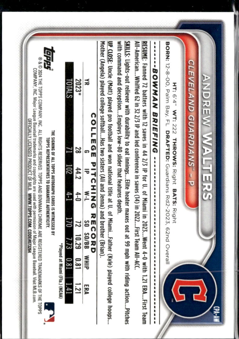 Andrew Walters 2024 Bowman Chrome 1st Auto Autograph Cleveland Guardians