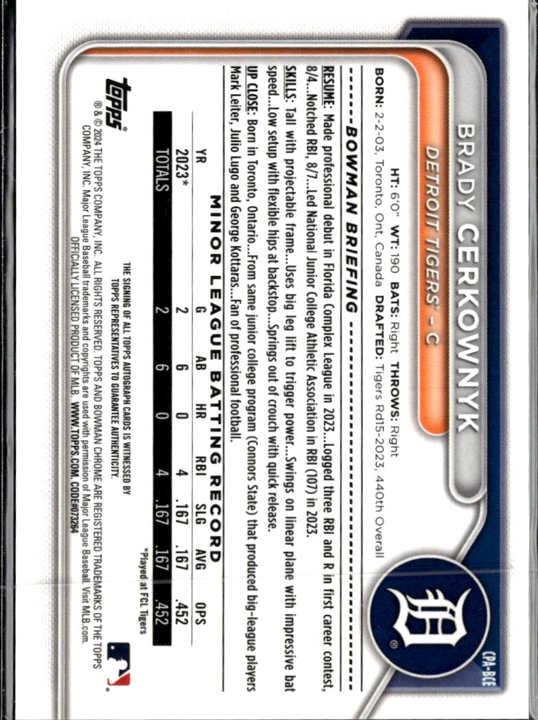 Brady Cerkownyk 2024 Bowman Chrome 1st Auto Autograph Detroit Tigers