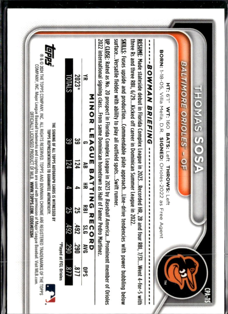 Thomas Sosa 2024 Bowman Chrome 1st Auto Autograph Baltimore Orioles
