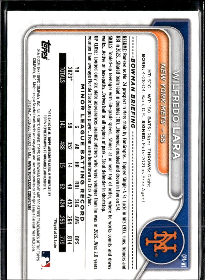 Wilfredo Lara 2024 Bowman Chrome 1st Auto Autograph New York Mets